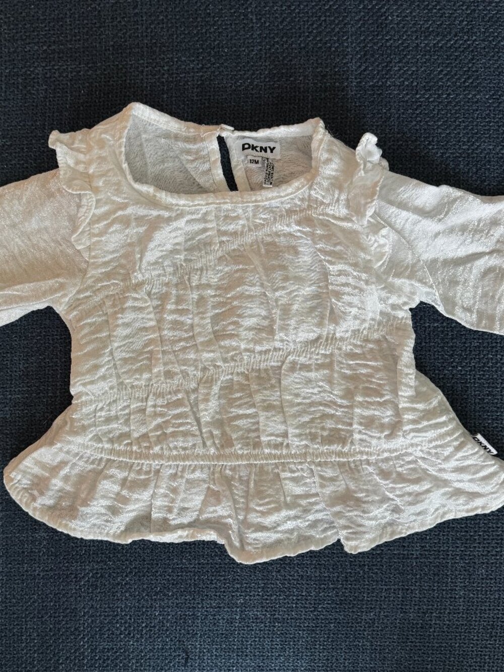 DKNY Baby Top 12M White Asymmetrical Stretchy Smocked Crinkle Rayon Blend